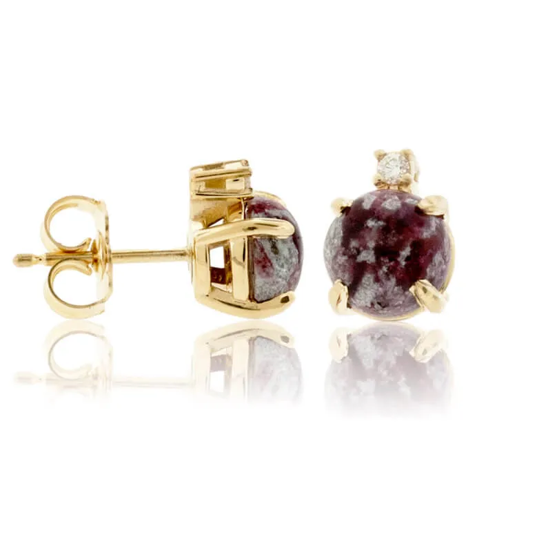 Red Emerald Cabochon & Single Diamond Slight Drop Earrings