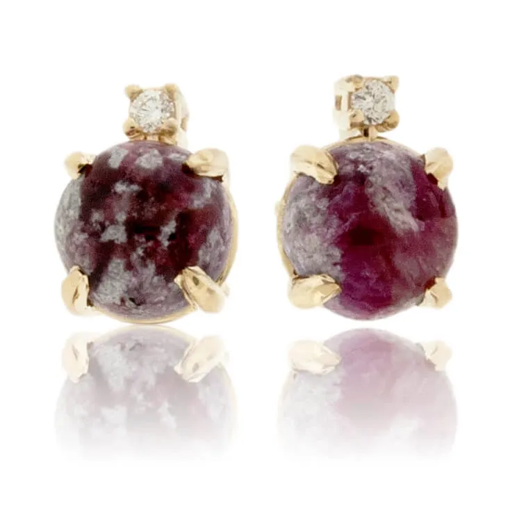 Red Emerald Cabochon & Single Diamond Slight Drop Earrings