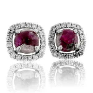 Red Emerald Cabochon with Diamond Halo Post Earrings