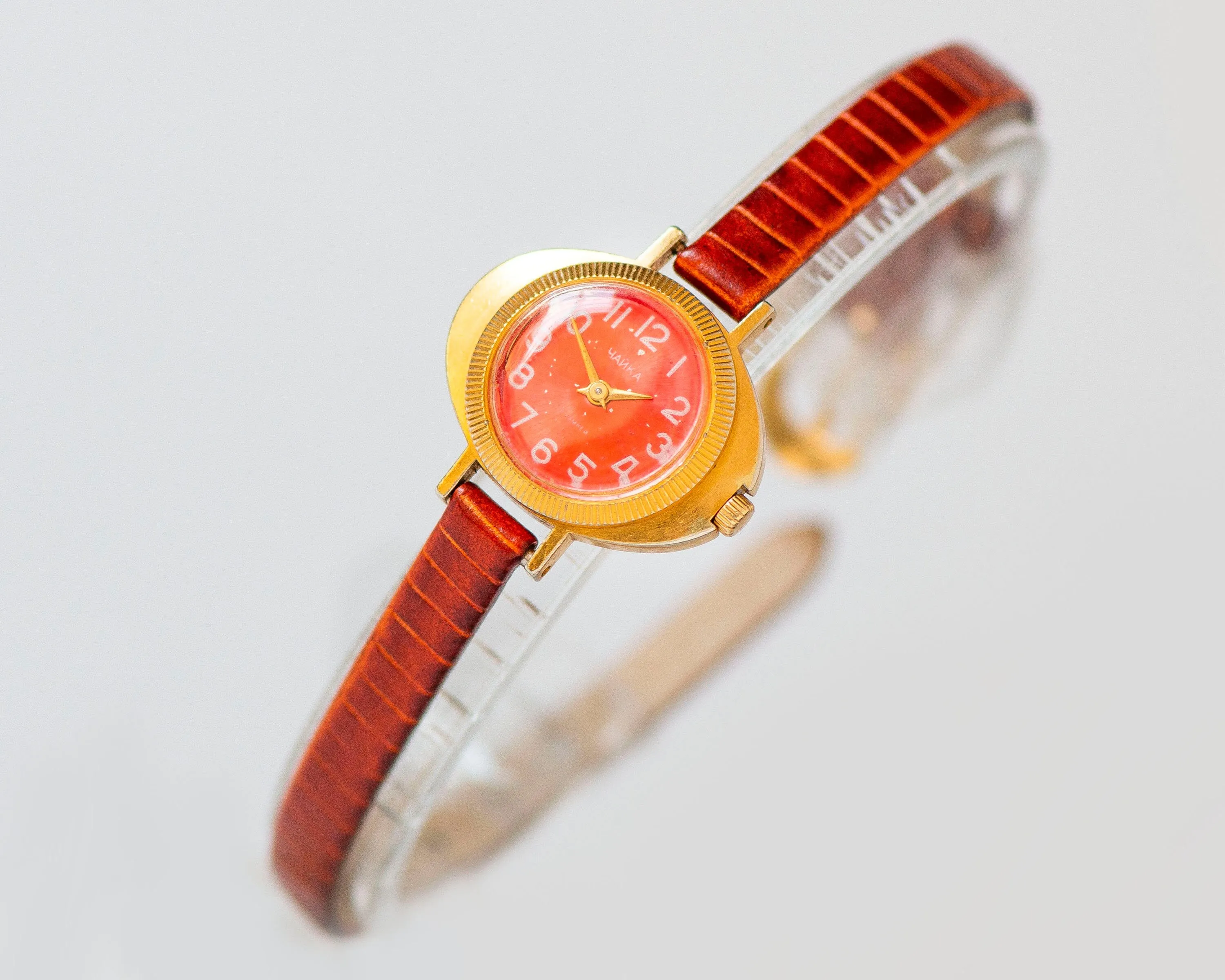 Red women watch gold plated Seagull vintage, ellipse case watch for women, tiny cocktail watch unique girls gift, new genuine leather strap
