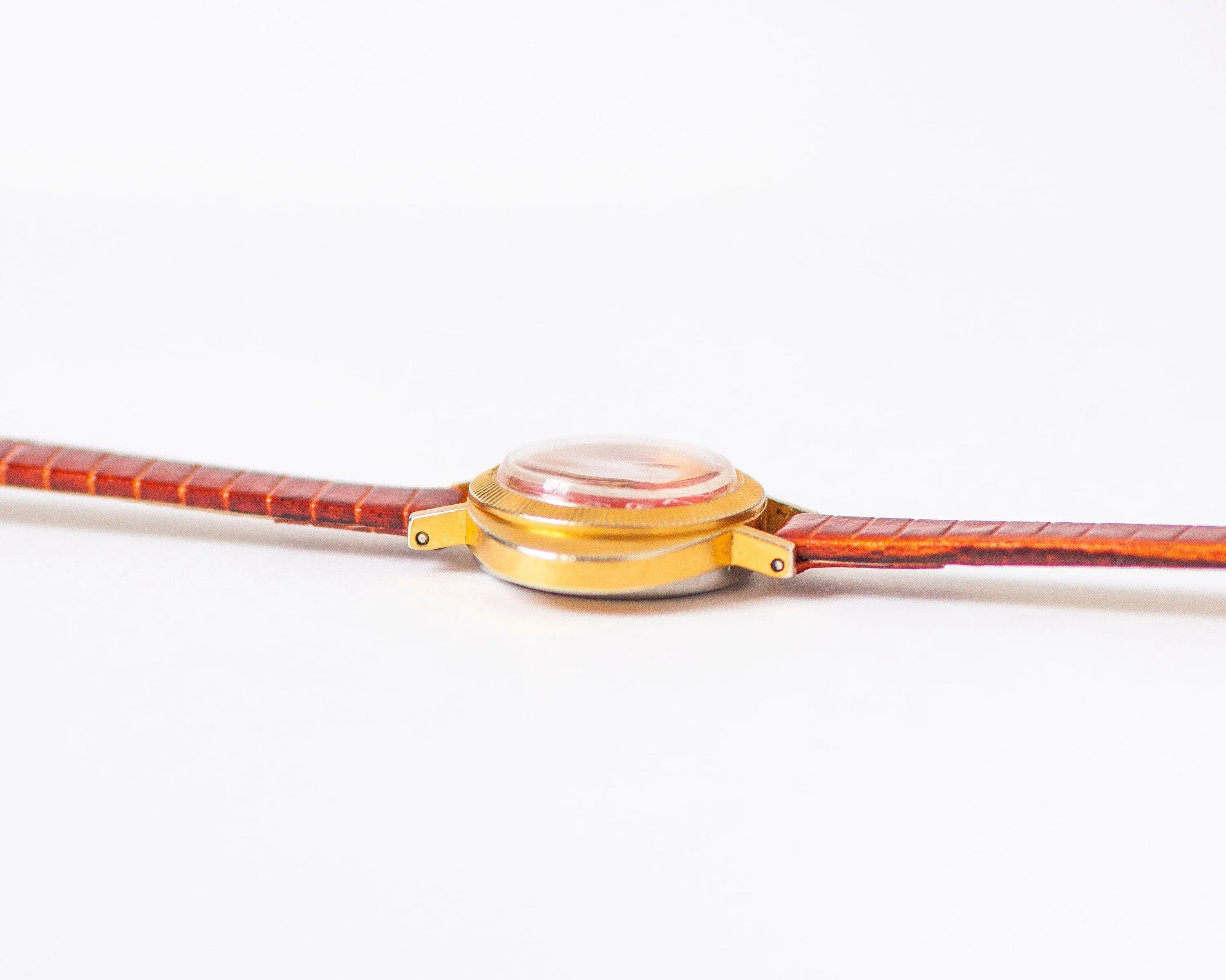 Red women watch gold plated Seagull vintage, ellipse case watch for women, tiny cocktail watch unique girls gift, new genuine leather strap