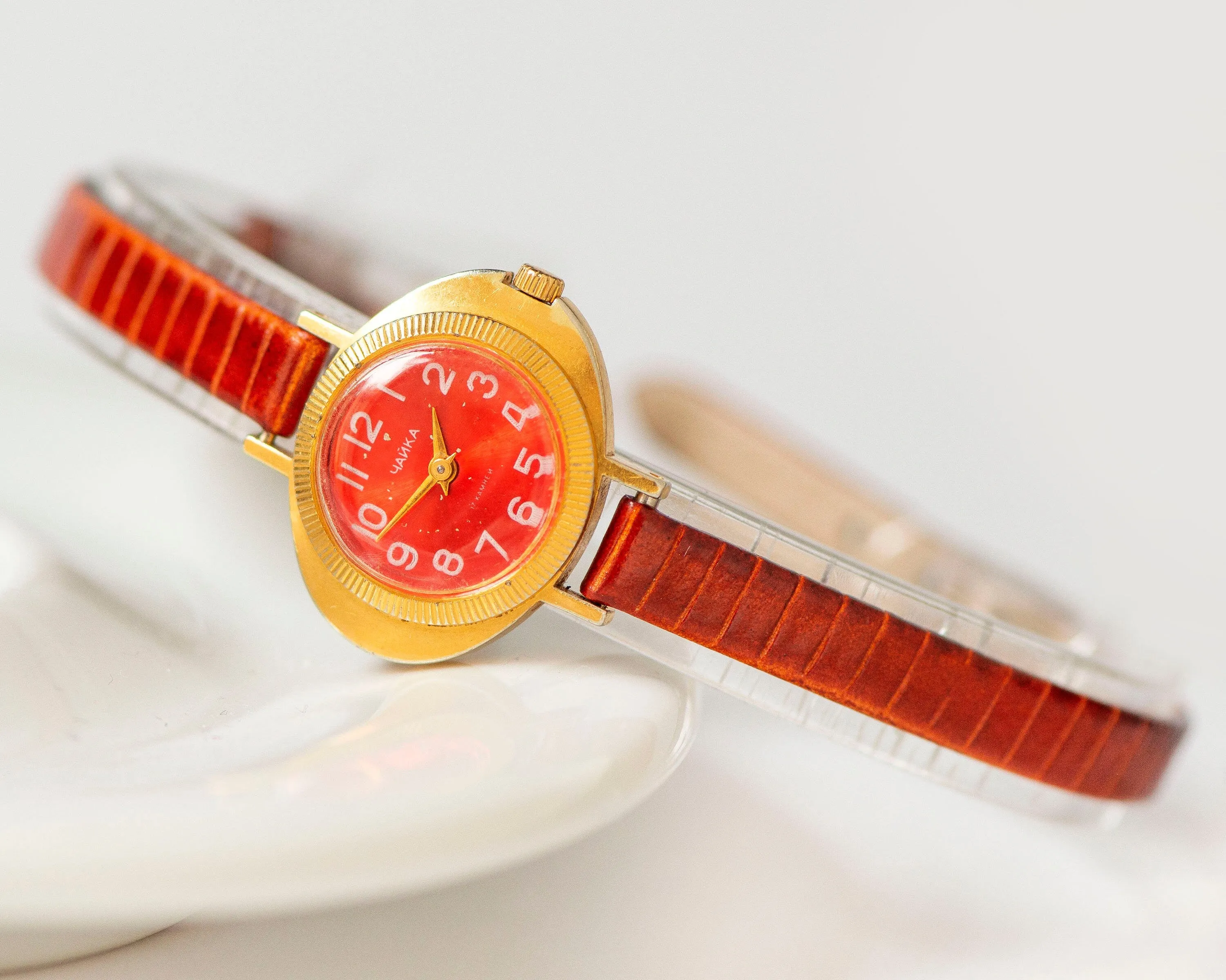 Red women watch gold plated Seagull vintage, ellipse case watch for women, tiny cocktail watch unique girls gift, new genuine leather strap