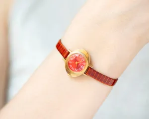 Red women watch gold plated Seagull vintage, ellipse case watch for women, tiny cocktail watch unique girls gift, new genuine leather strap