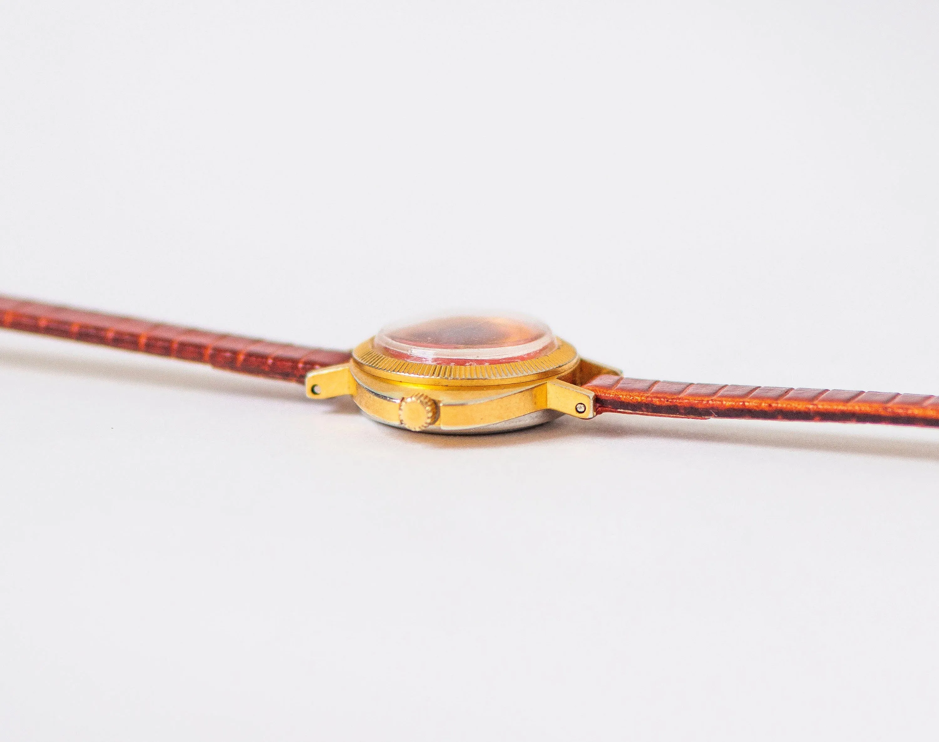 Red women watch gold plated Seagull vintage, ellipse case watch for women, tiny cocktail watch unique girls gift, new genuine leather strap
