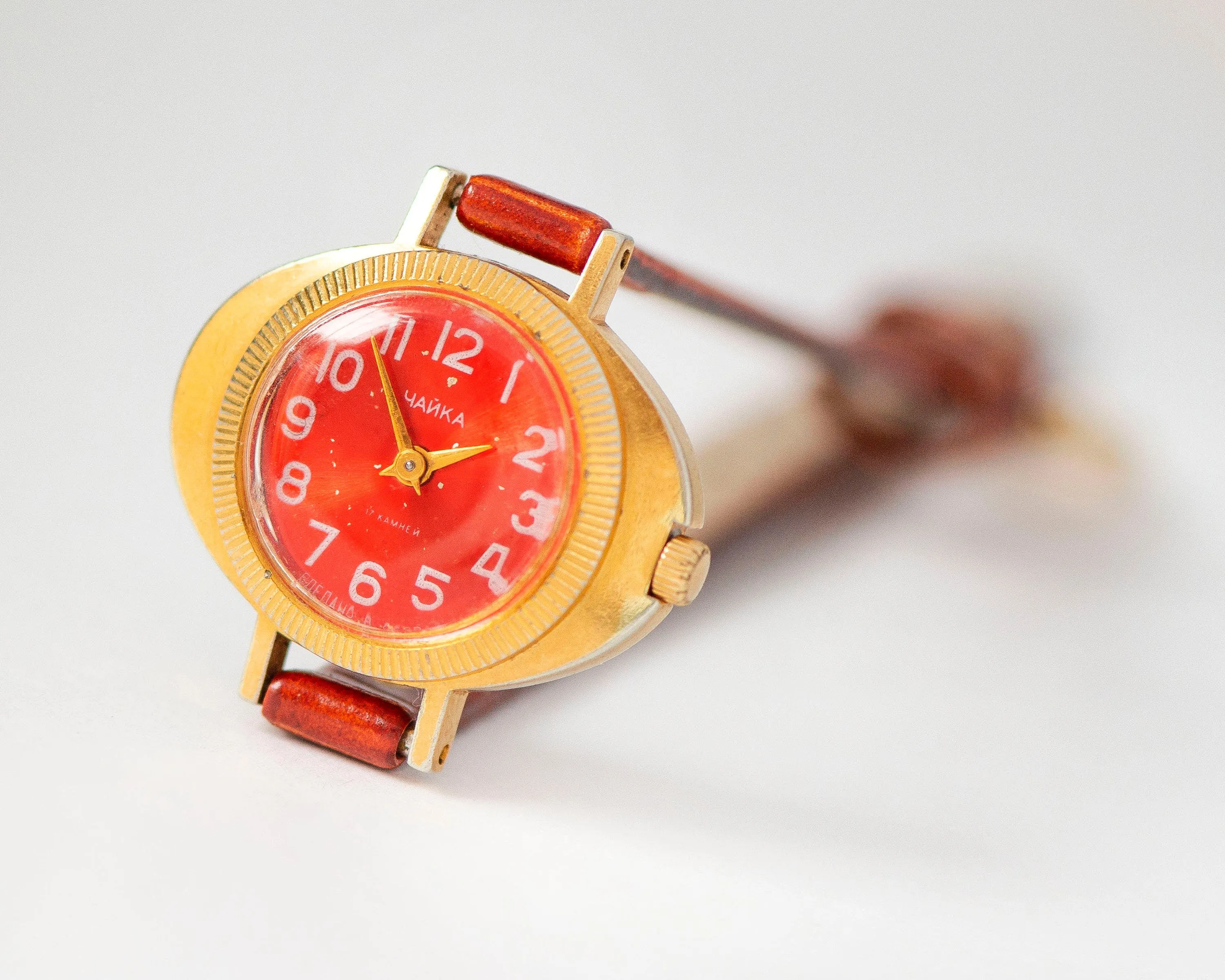 Red women watch gold plated Seagull vintage, ellipse case watch for women, tiny cocktail watch unique girls gift, new genuine leather strap