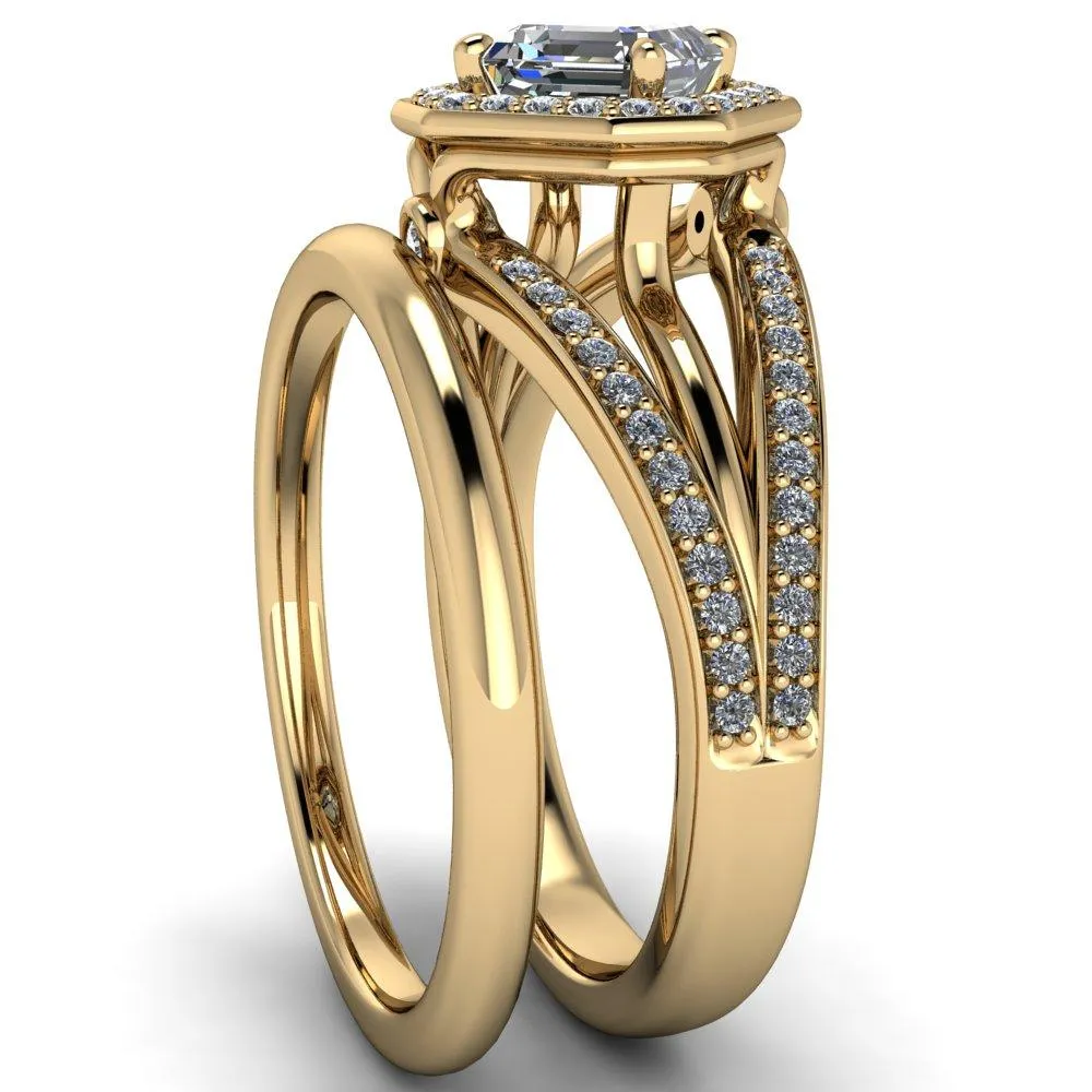Reiss Asscher Moissanite Halo Split Diamond Shank Engagement Ring