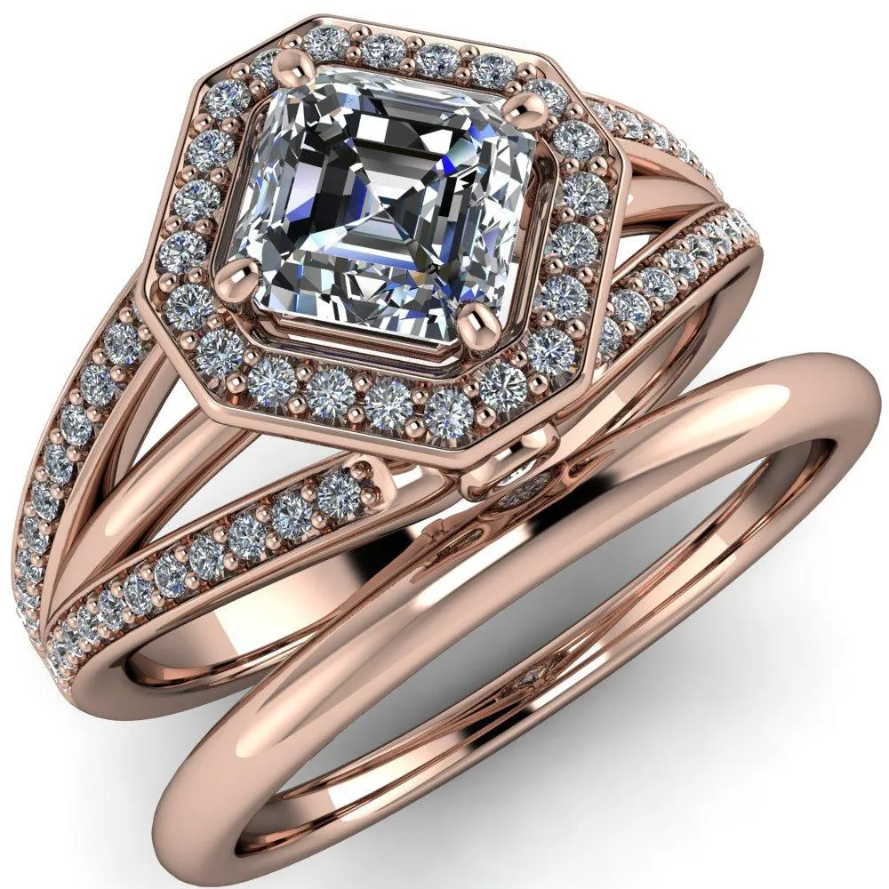 Reiss Asscher Moissanite Halo Split Diamond Shank Engagement Ring