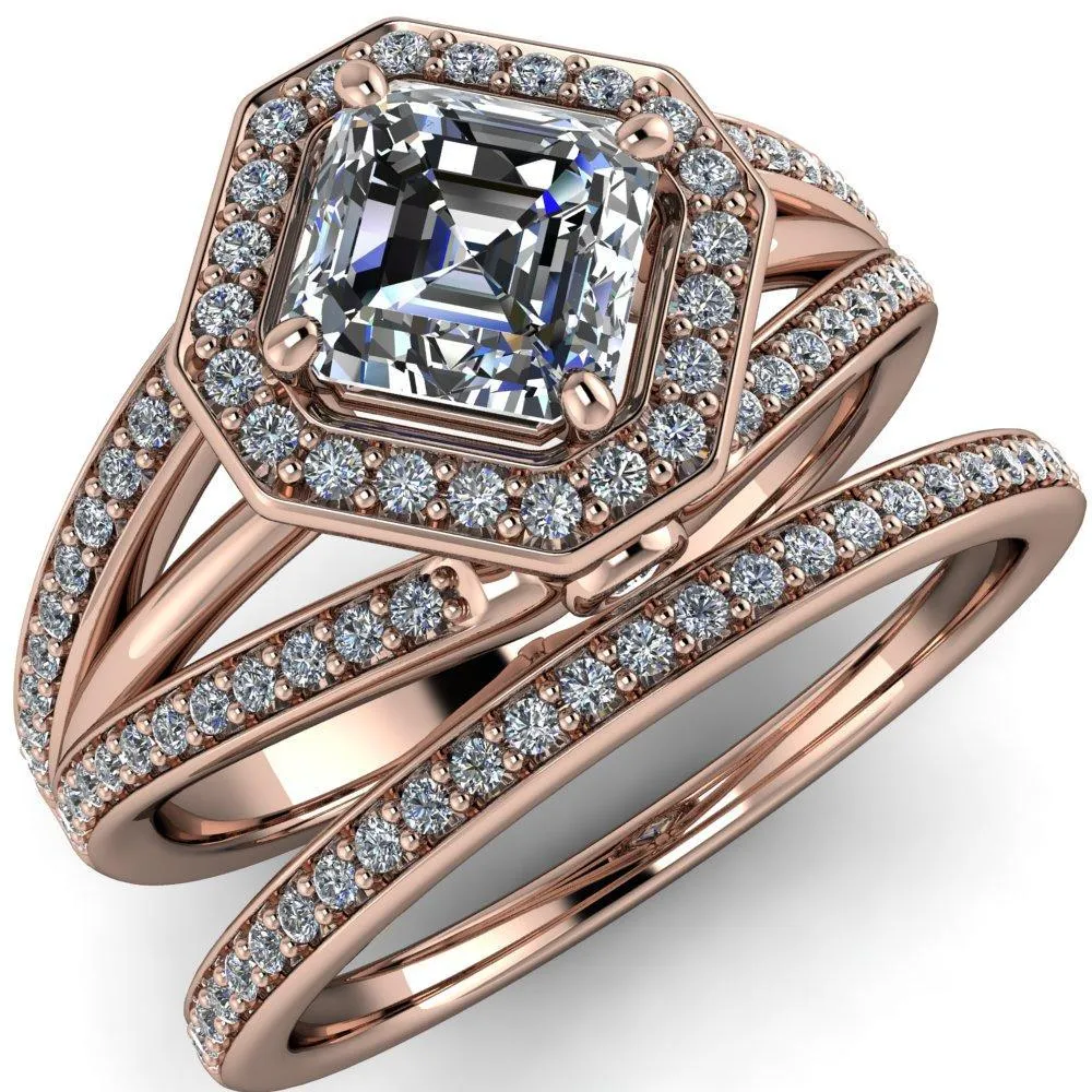 Reiss Asscher Moissanite Halo Split Diamond Shank Engagement Ring