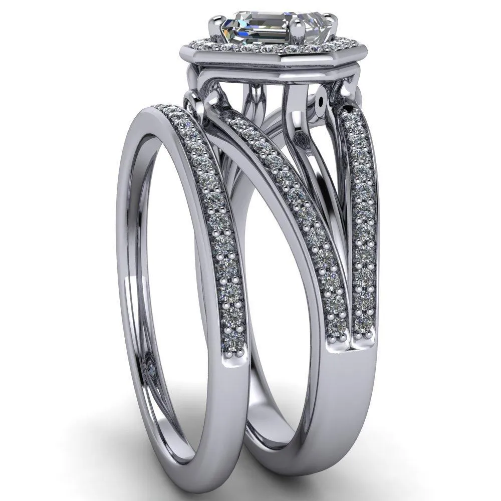 Reiss Asscher Moissanite Halo Split Diamond Shank Engagement Ring