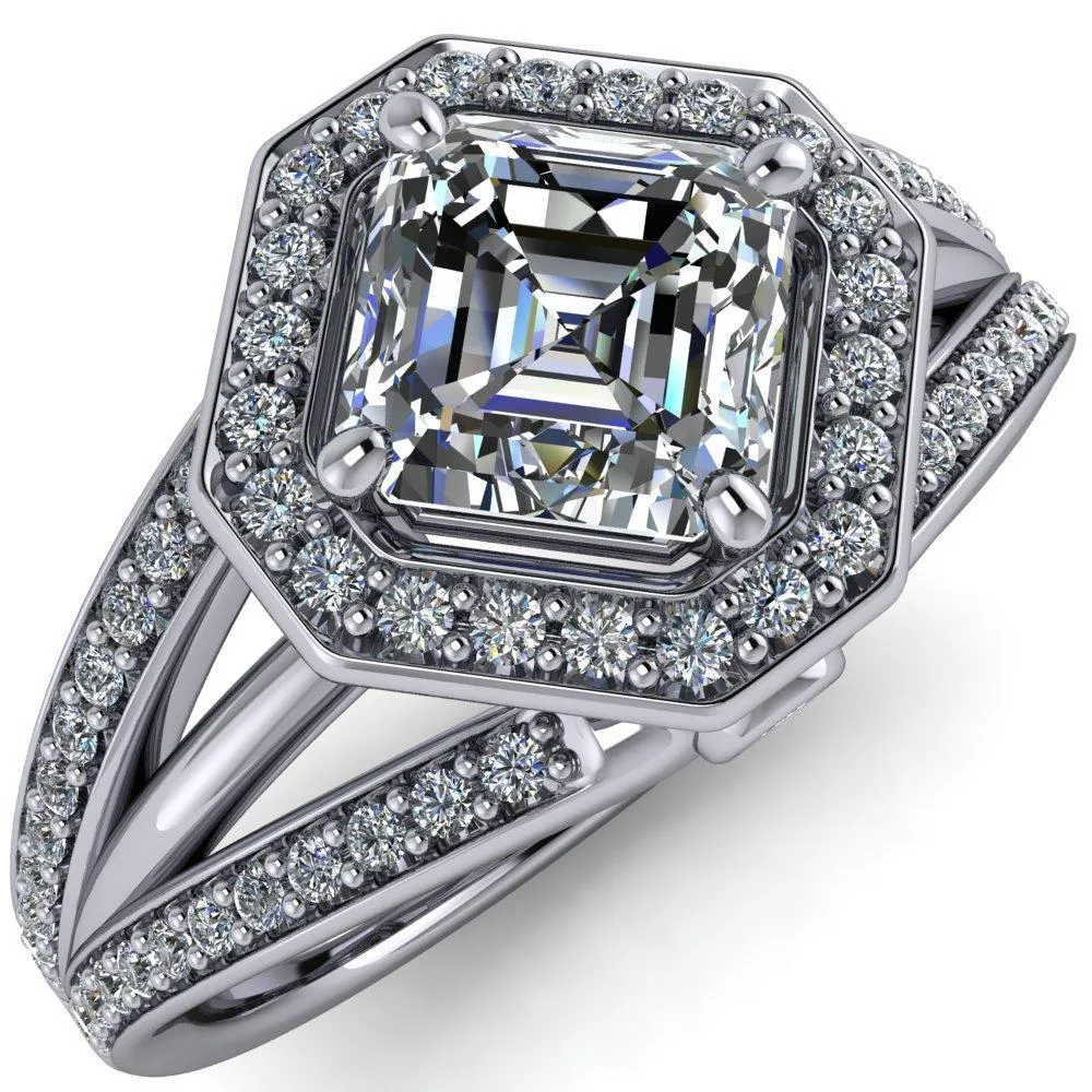 Reiss Asscher Moissanite Halo Split Diamond Shank Engagement Ring