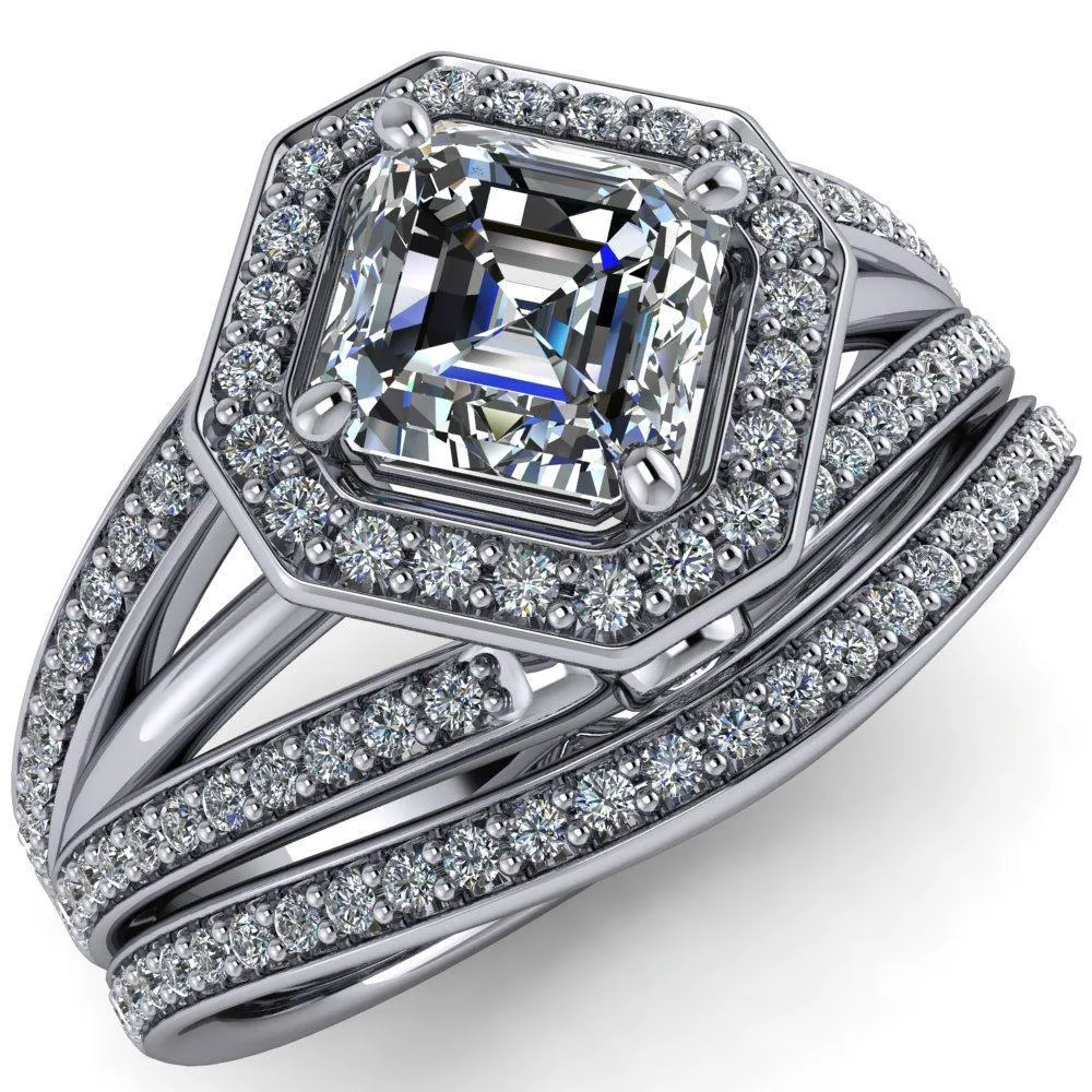 Reiss Asscher Moissanite Halo Split Diamond Shank Engagement Ring