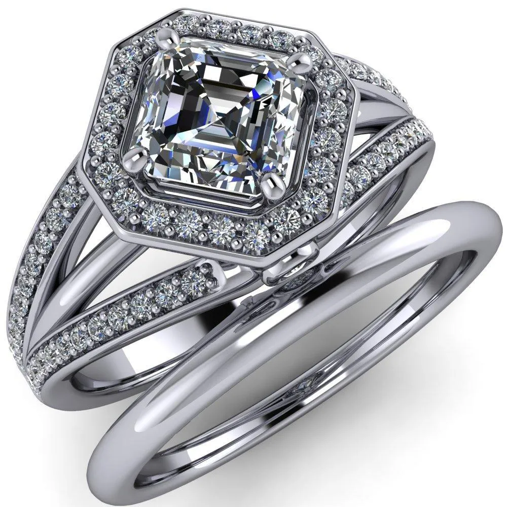 Reiss Asscher Moissanite Halo Split Diamond Shank Engagement Ring