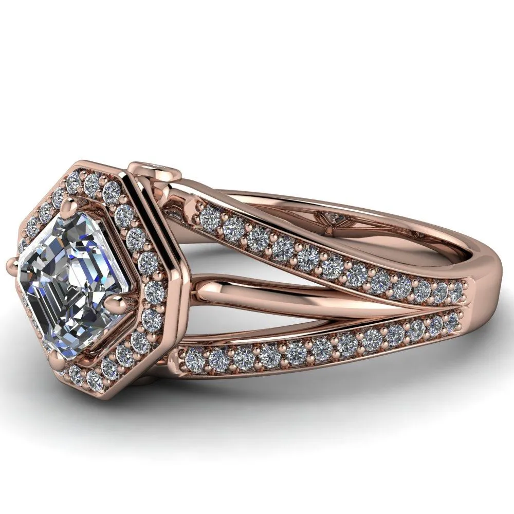 Reiss Asscher Moissanite Halo Split Diamond Shank Engagement Ring
