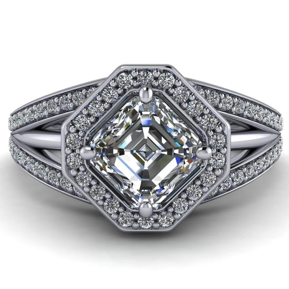 Reiss Asscher Moissanite Halo Split Diamond Shank Engagement Ring