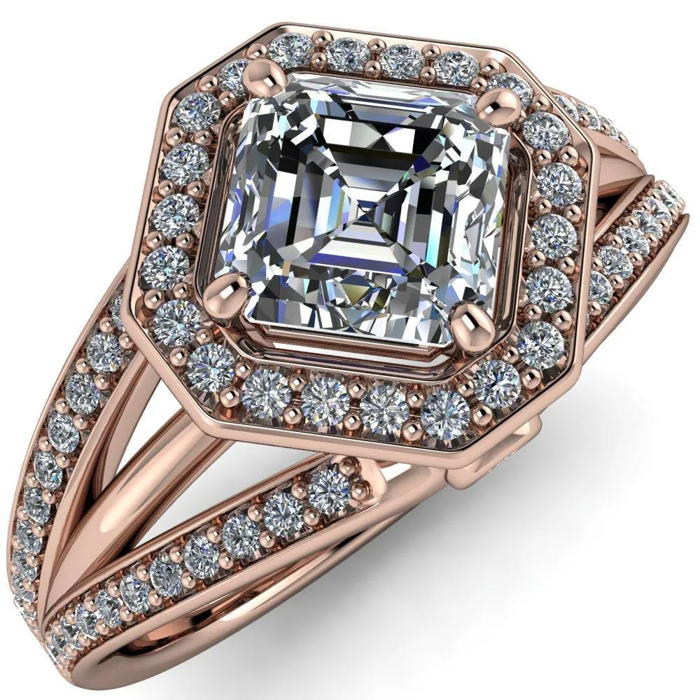 Reiss Asscher Moissanite Halo Split Diamond Shank Engagement Ring
