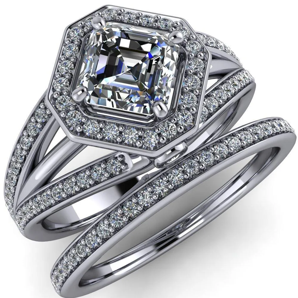 Reiss Asscher Moissanite Halo Split Diamond Shank Engagement Ring