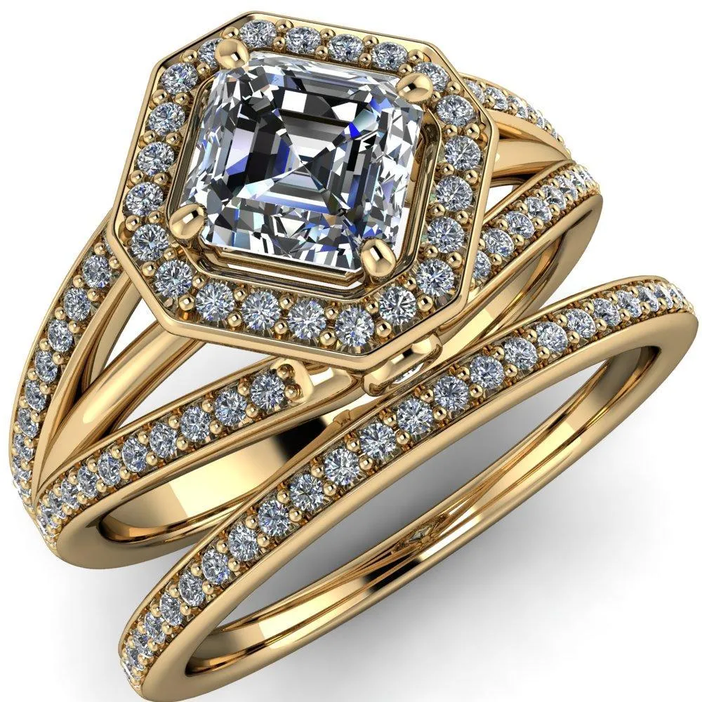 Reiss Asscher Moissanite Halo Split Diamond Shank Engagement Ring