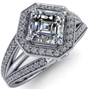 Reiss Asscher Moissanite Halo Split Diamond Shank Engagement Ring