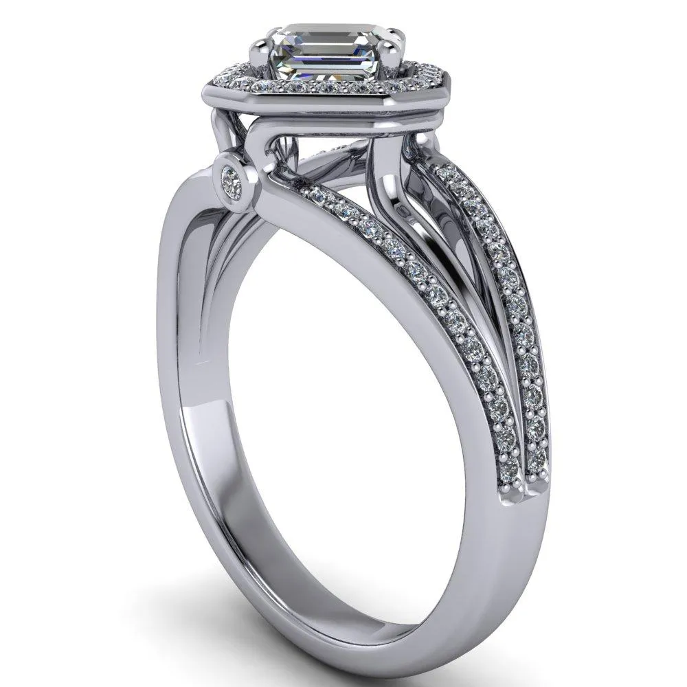 Reiss Asscher Moissanite Halo Split Diamond Shank Engagement Ring