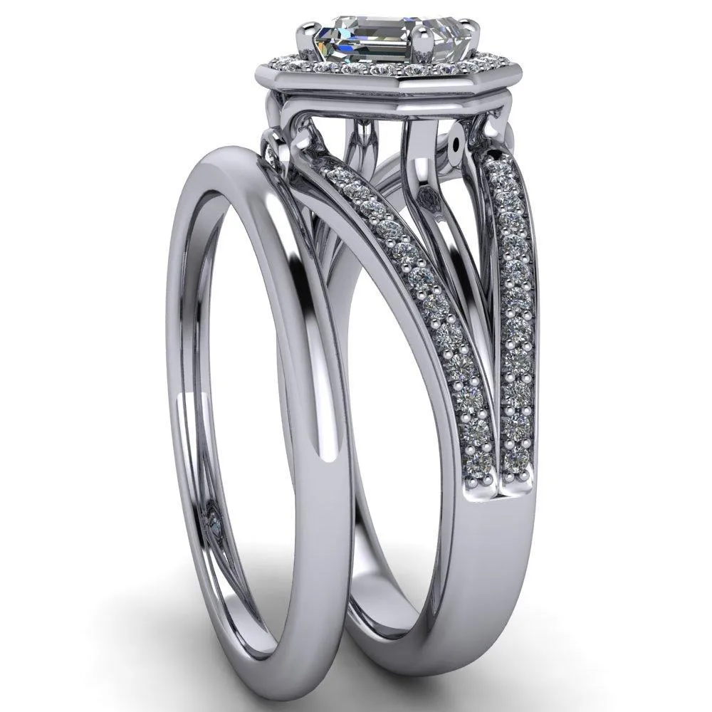 Reiss Asscher Moissanite Halo Split Diamond Shank Engagement Ring