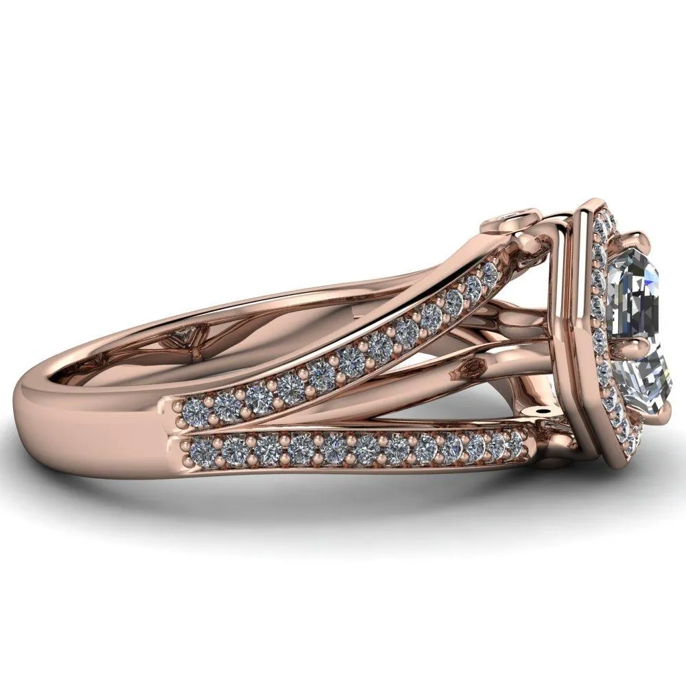 Reiss Asscher Moissanite Halo Split Diamond Shank Engagement Ring