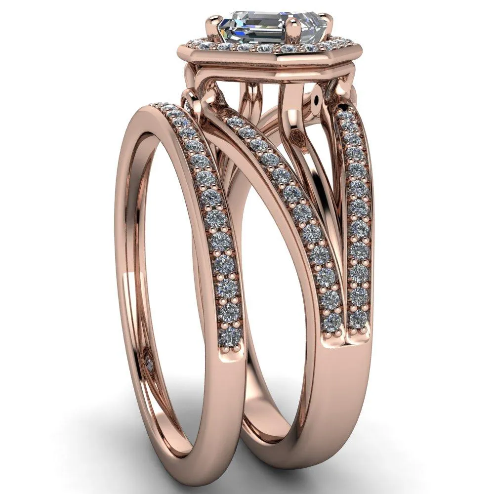 Reiss Asscher Moissanite Halo Split Diamond Shank Engagement Ring