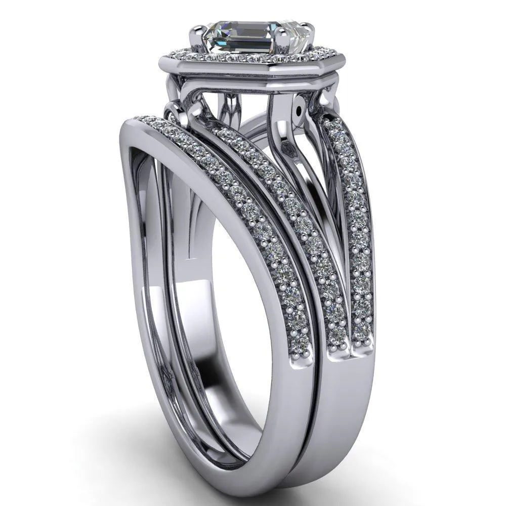 Reiss Asscher Moissanite Halo Split Diamond Shank Engagement Ring