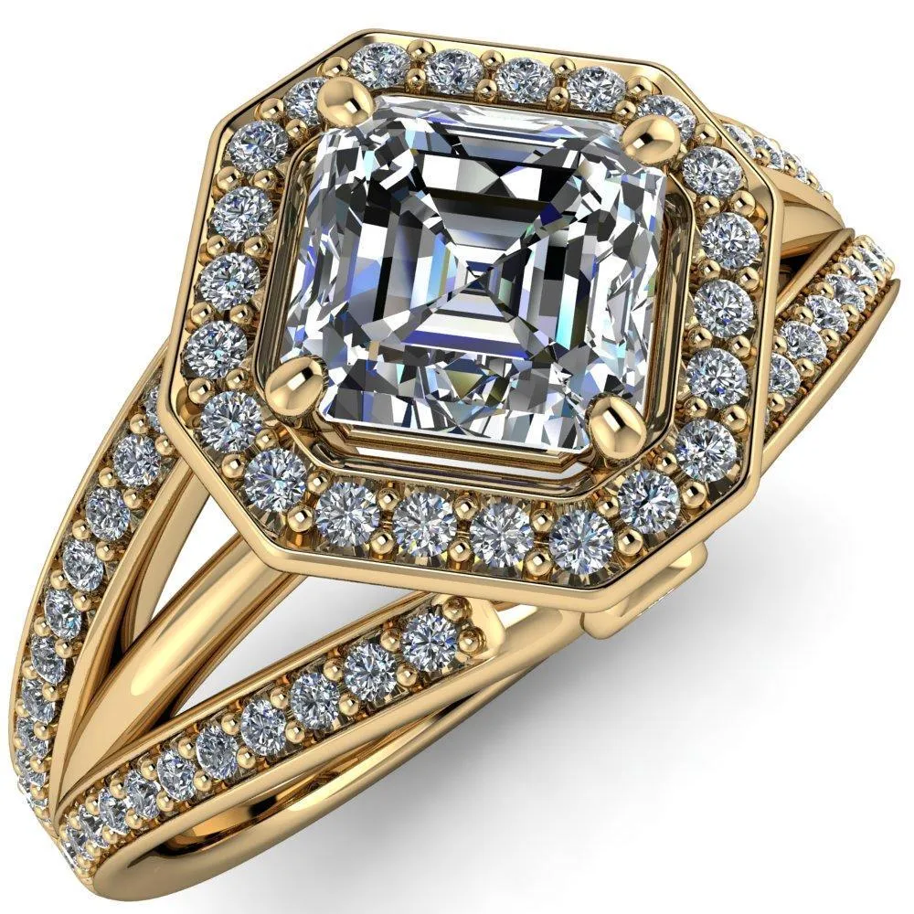 Reiss Asscher Moissanite Halo Split Diamond Shank Engagement Ring