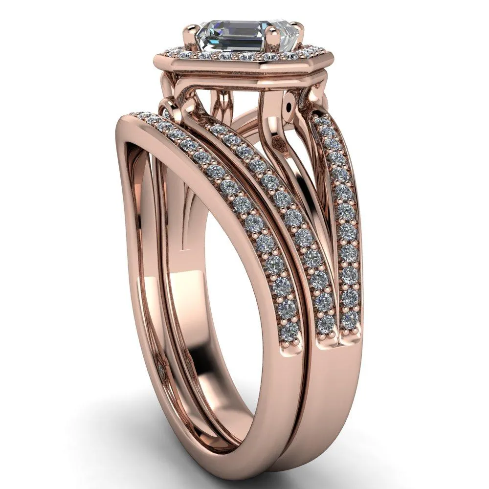 Reiss Asscher Moissanite Halo Split Diamond Shank Engagement Ring
