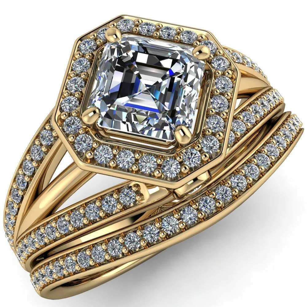 Reiss Asscher Moissanite Halo Split Diamond Shank Engagement Ring