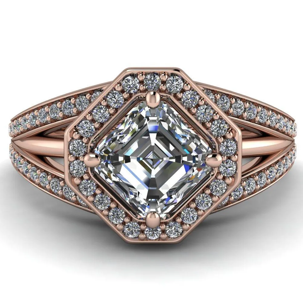 Reiss Asscher Moissanite Halo Split Diamond Shank Engagement Ring