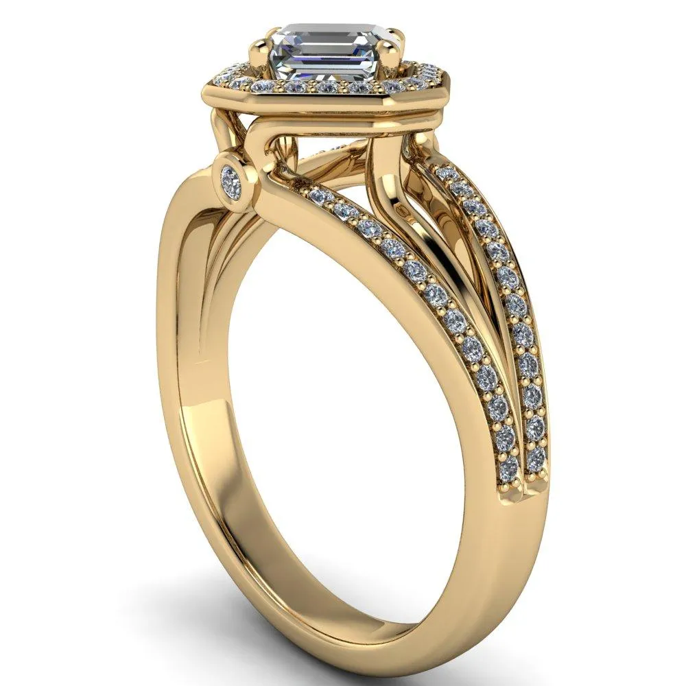 Reiss Asscher Moissanite Halo Split Diamond Shank Engagement Ring