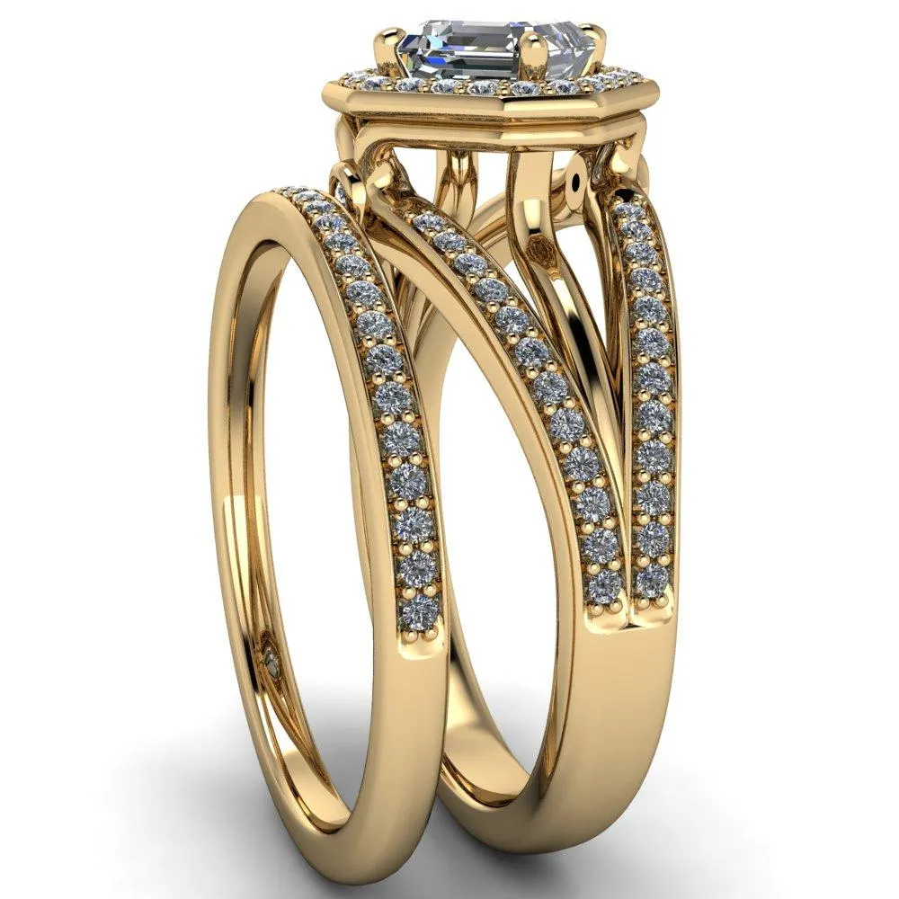 Reiss Asscher Moissanite Halo Split Diamond Shank Engagement Ring