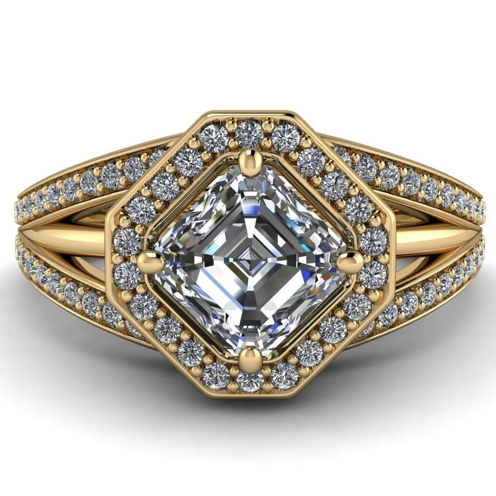 Reiss Asscher Moissanite Halo Split Diamond Shank Engagement Ring