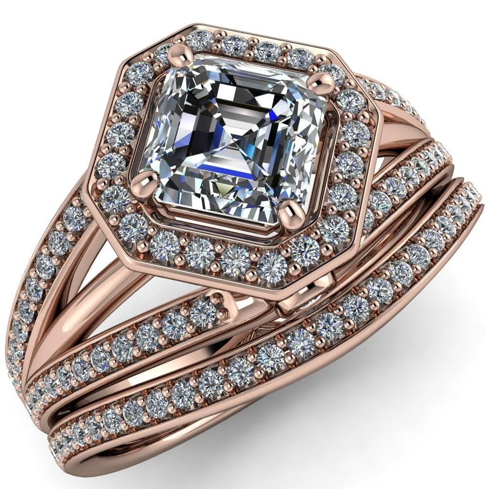 Reiss Asscher Moissanite Halo Split Diamond Shank Engagement Ring