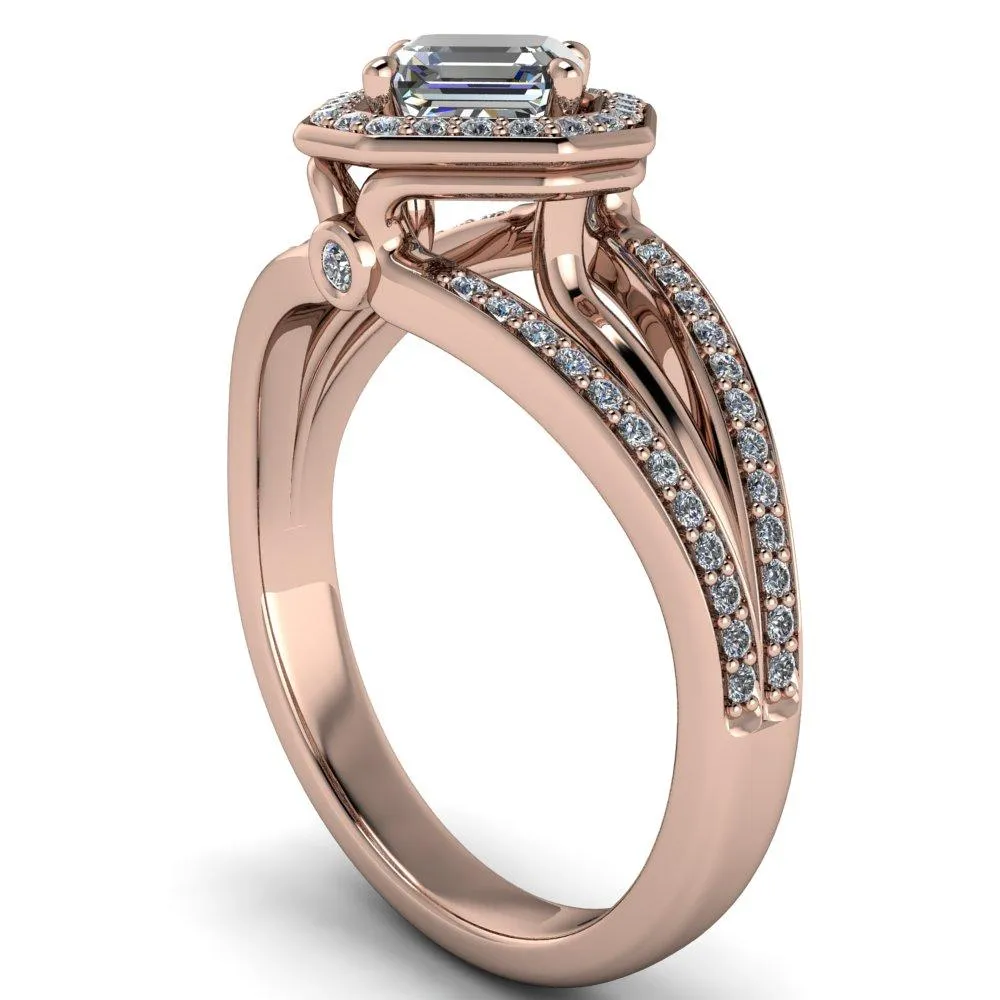 Reiss Asscher Moissanite Halo Split Diamond Shank Engagement Ring