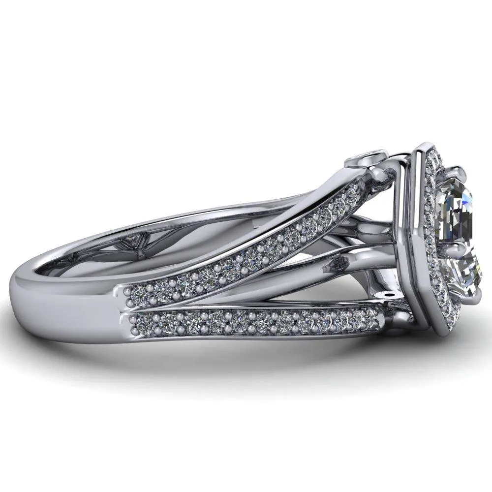 Reiss Asscher Moissanite Halo Split Diamond Shank Engagement Ring
