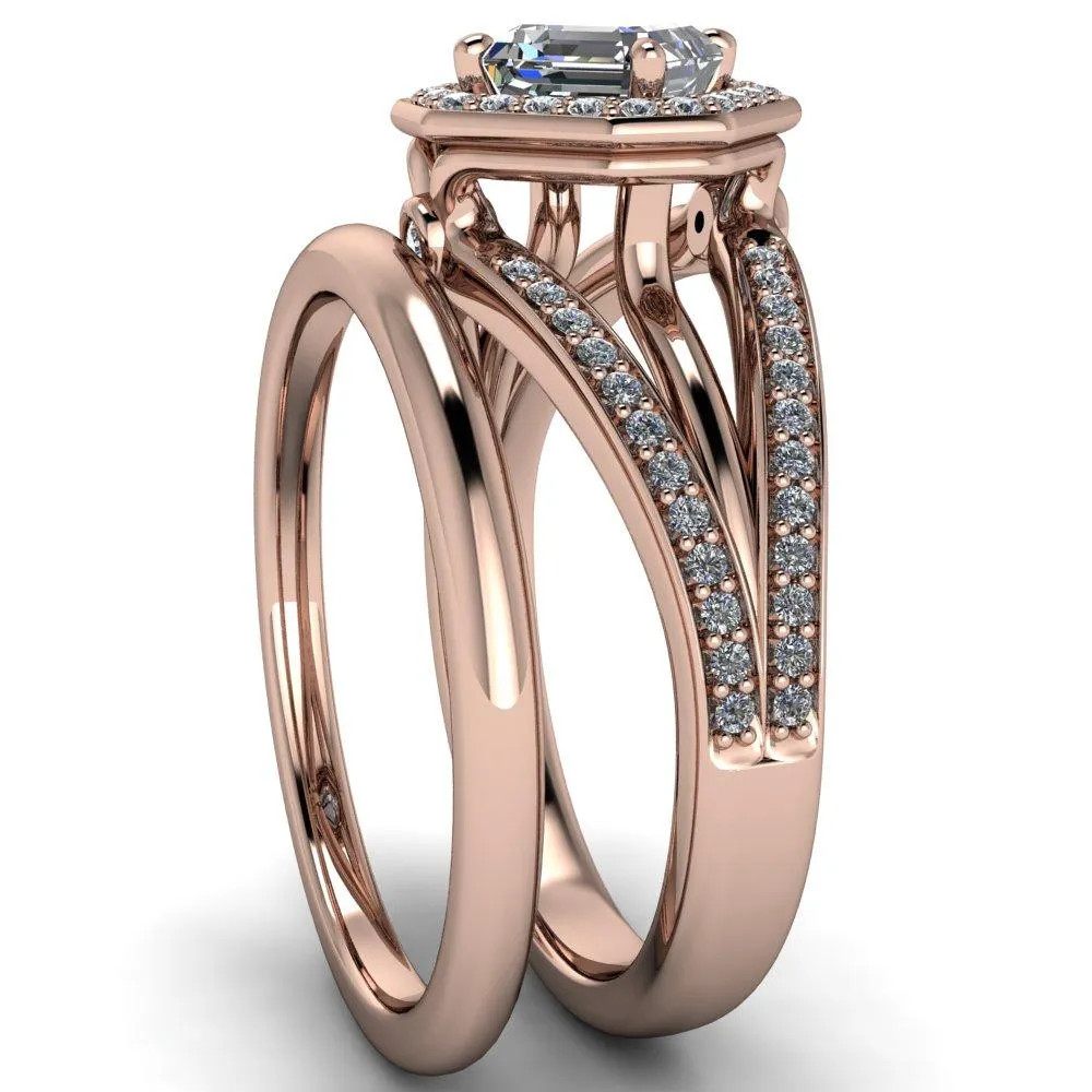 Reiss Asscher Moissanite Halo Split Diamond Shank Engagement Ring