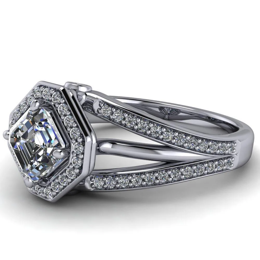 Reiss Asscher Moissanite Halo Split Diamond Shank Engagement Ring