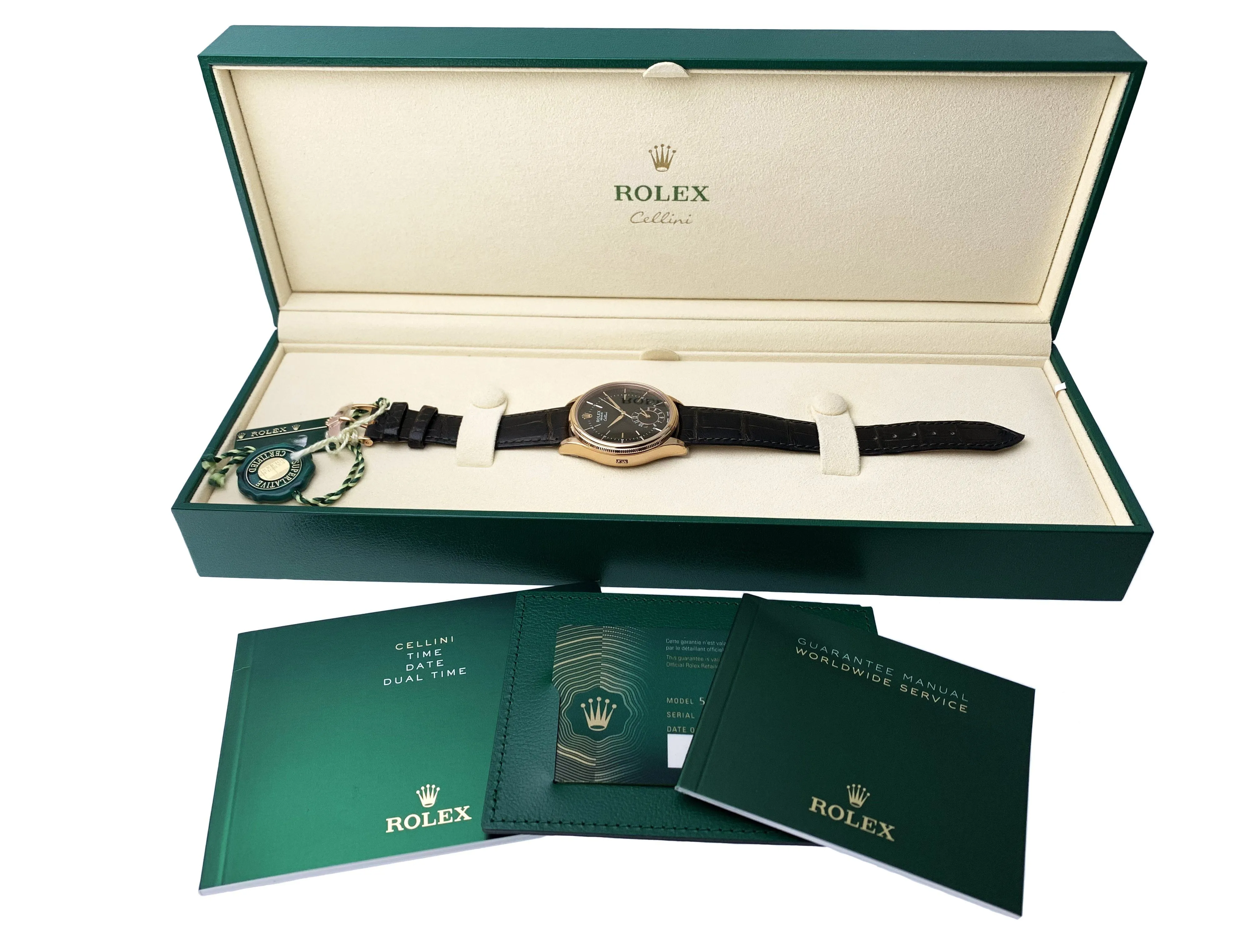 Rolex Cellini Dual Time 50525 18K Rose Gold Men's Watch Box & papers