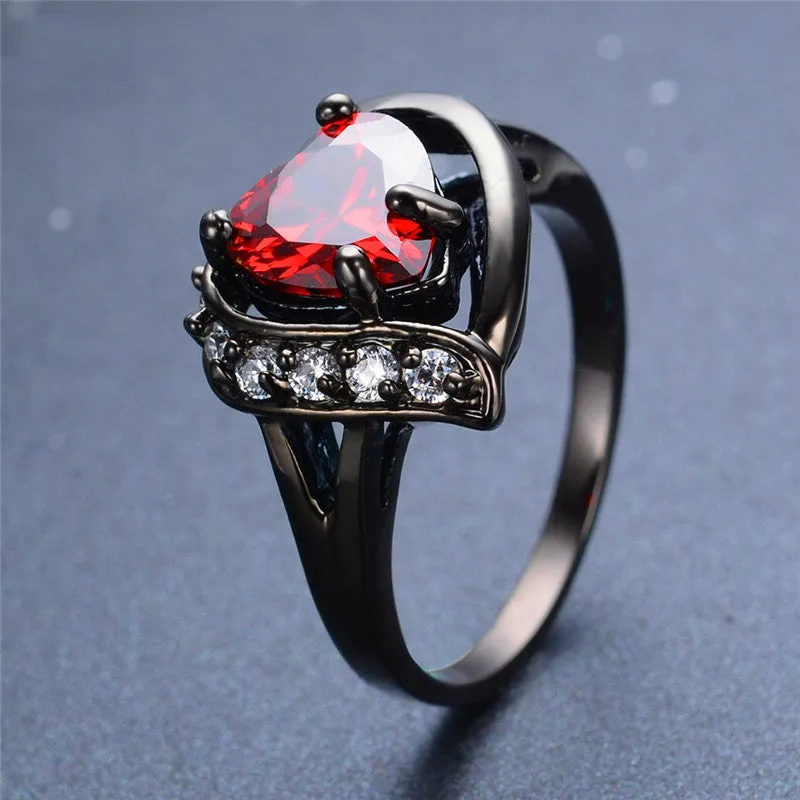 Romantic Big Heart Ring Crystal Black Gold Filled Cubic Zircon Red Stone Ring Wedding Engagement Jewelry Bague