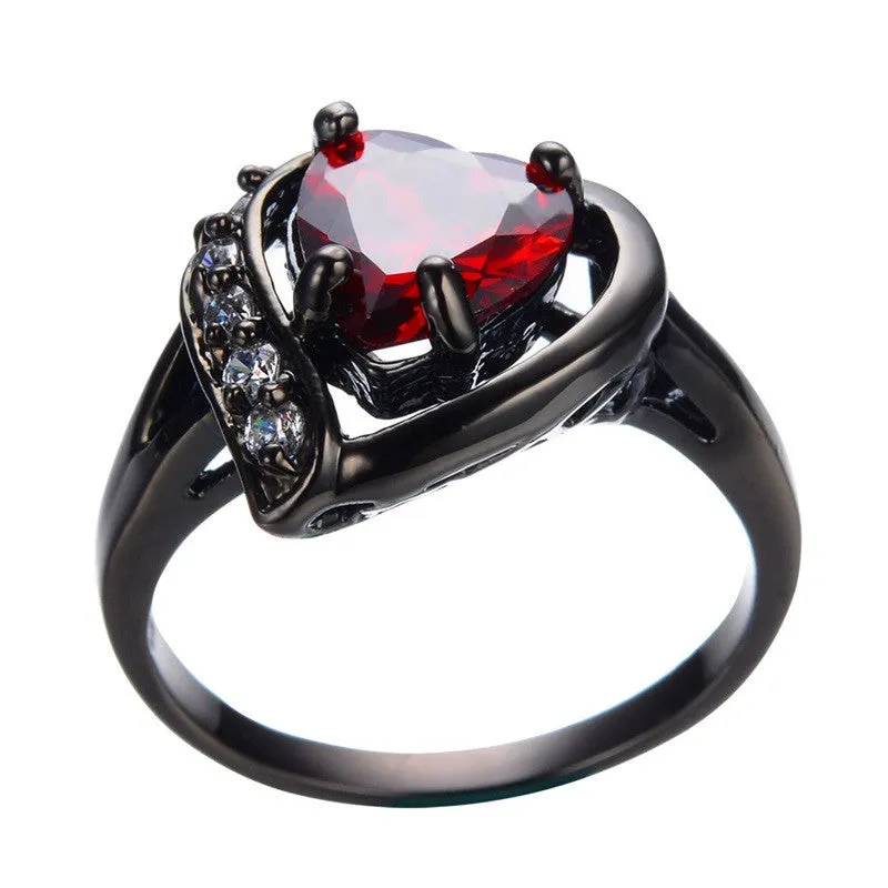 Romantic Big Heart Ring Crystal Black Gold Filled Cubic Zircon Red Stone Ring Wedding Engagement Jewelry Bague