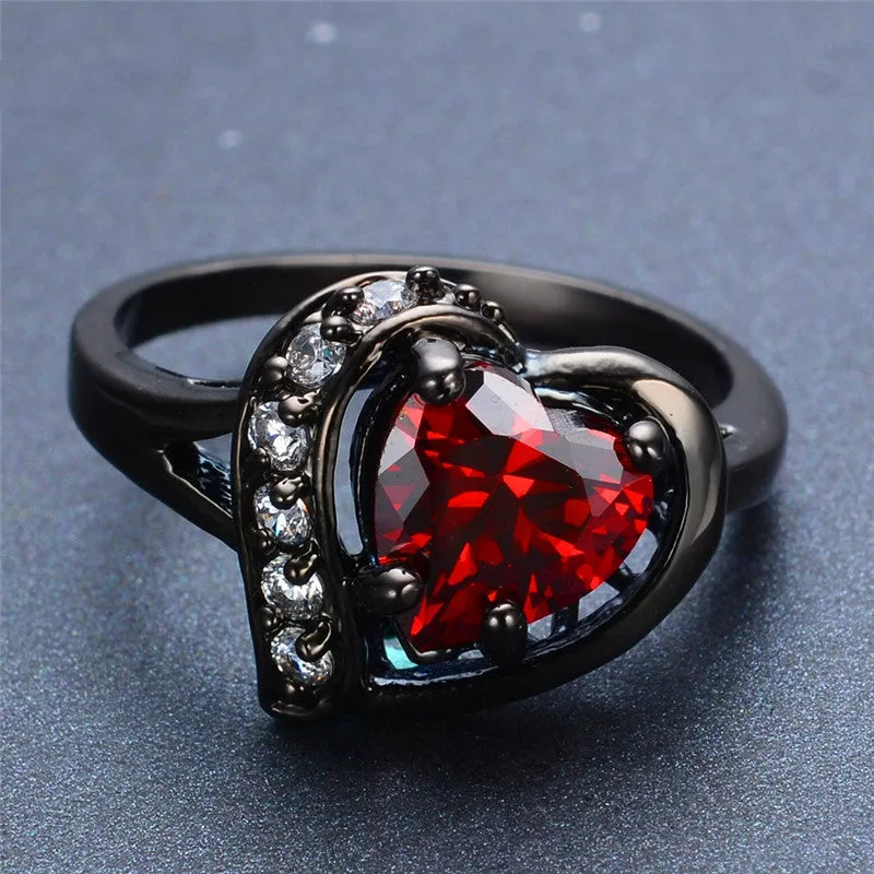 Romantic Big Heart Ring Crystal Black Gold Filled Cubic Zircon Red Stone Ring Wedding Engagement Jewelry Bague