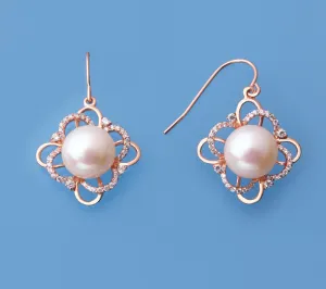 Rose Gold Plated Silver Earrings with 10-10.5mm Button Shape Freshwater Pearl and Cubic Zirconia