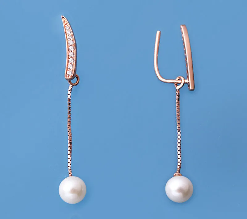 Rose Gold Plated Silver Earrings with 5.5-6mm Round Shape Freshwater Pearl and Cubic Zirconia