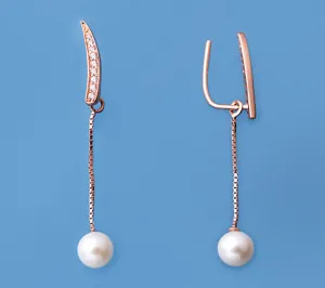 Rose Gold Plated Silver Earrings with 5.5-6mm Round Shape Freshwater Pearl and Cubic Zirconia