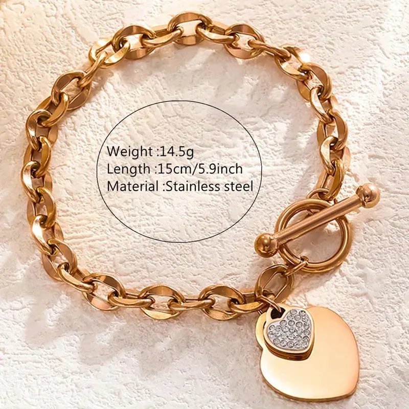 RoseGold Diamond Heart Shape 304 Stainless Steel 18K Gold Plated Artificial Rhinestones Bracelets