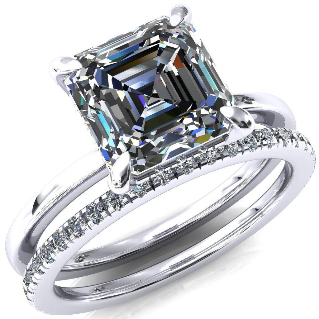 Rosy Asscher Moissanite 4 Claw Prong Single Rail Micropave Engagement Ring