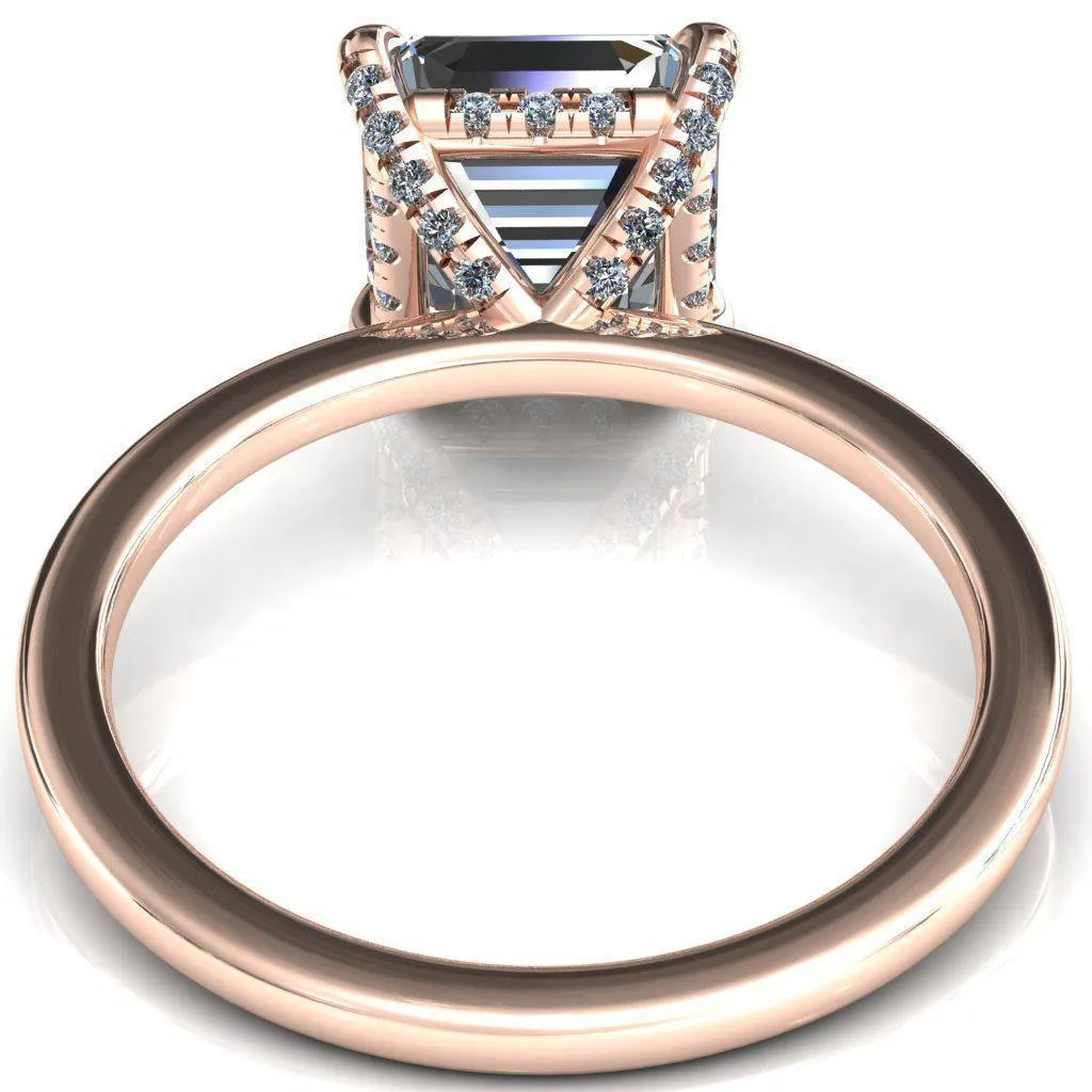 Rosy Asscher Moissanite 4 Claw Prong Single Rail Micropave Engagement Ring