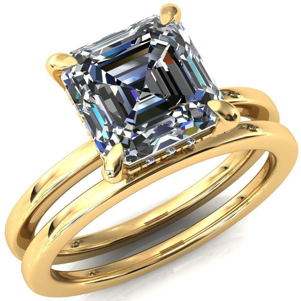 Rosy Asscher Moissanite 4 Claw Prong Single Rail Micropave Engagement Ring